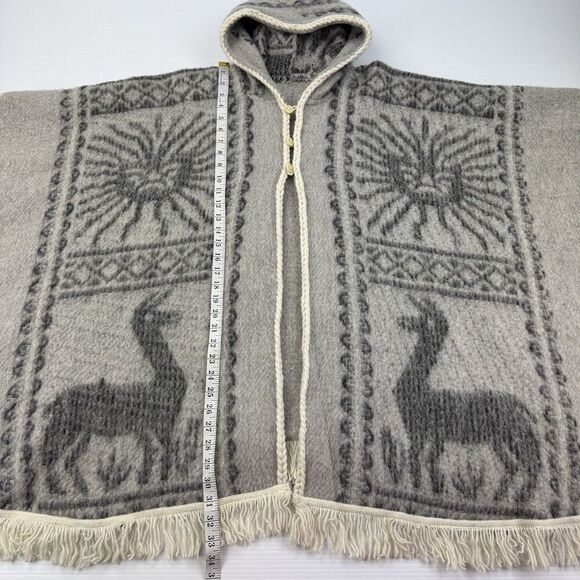 Vintage Alpaca Wool Poncho Cape Hooded Llama Fringe Peru Handmade Boho OS - Picture 13 of 15